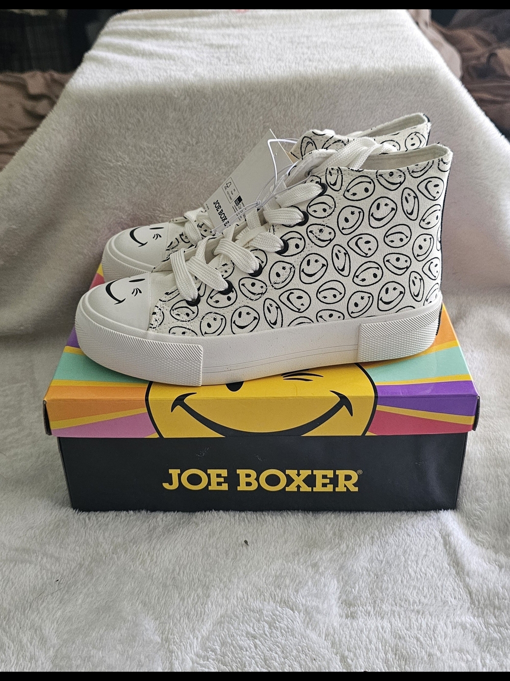 Joe Boxer White High-Top Sneakers with Black Smiley Faces